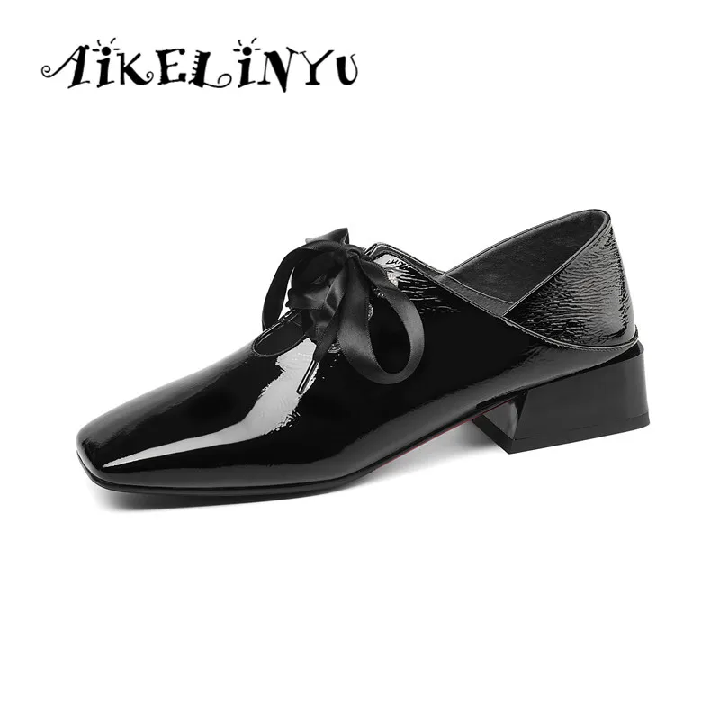 AIKELINYU/женская повседневная обувь из воловьей кожи наивысшего качества, ручной работы, на низком каблуке, фиолетового цвета женские туфли-лодочки из натуральной кожи на шнуровке, с квадратным носком, на низком каблуке - Цвет: Черный