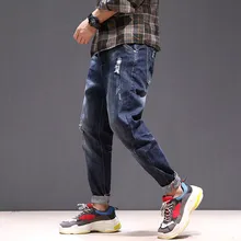 Повседневные мужские шаровары свободные джинсовые брюки весна осень хип-хоп рваные потертые Поцарапанные Брюки-карандаш в стиле пэчворк
