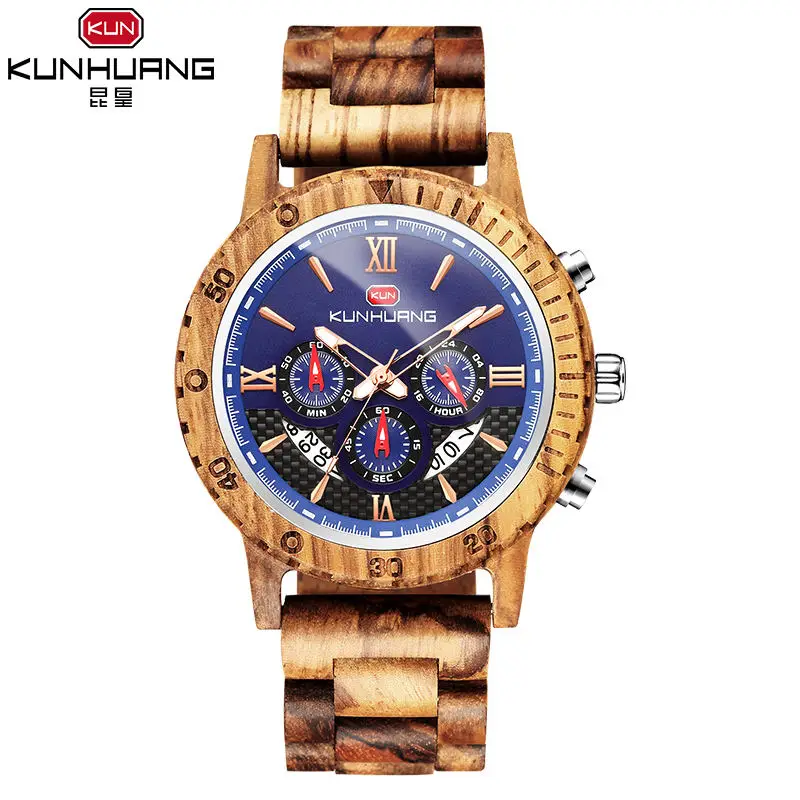 

kunhurng Handmade Wood Men Watch Casual Chronograph Calendar Stop Watch Wooden Luxury Male Wristwatches relogio masculino
