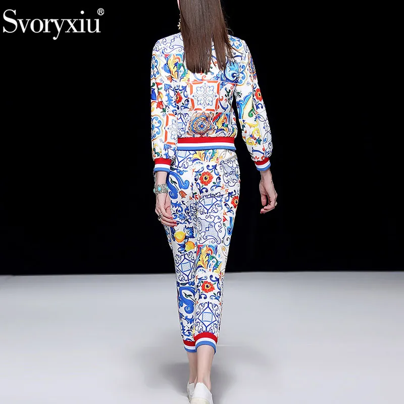 Svoryxiu 2018 Runway Autumn Winter Fashion Trousers Two Piece Set Long Sleeve Coat + Casual Pants Painted Pottery Print Suit Set Svoryxiu 2018 Runway Autumn Winter Fashion Trousers Two Piece Set Long Sleeve Coat + Casual Pants Painted Pottery Print Suit Set