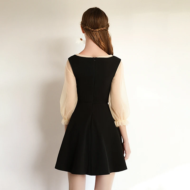 SSYfashion v образный вырез бант молния сзади 3/4 рукава выше колена мини чёрное