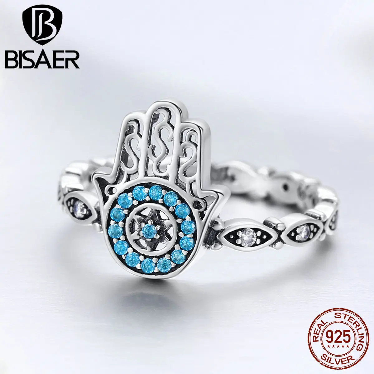 BISAER 925 пробы Серебряное кольцо с голубым глазом Anel Hamsa для женщин, винтажное обручальное кольцо Fatima, ювелирные изделия ECR369