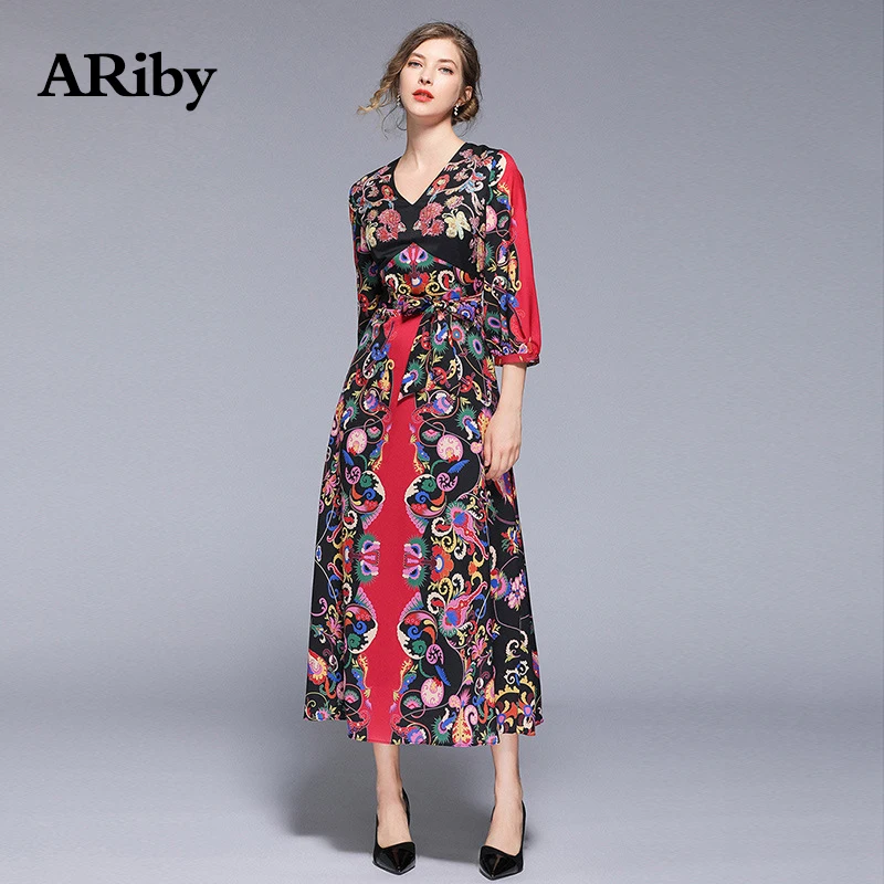 Women Dress 2019 Spring and Summer New High-end Lady Temperament Retro Printed Dress V Collar Bubble Sleeve Long A-Line Dresses