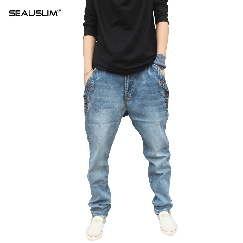 SEAUSLIM Plus Size Harem Jeans Cotton Light Wash Baggy Jeans Straight