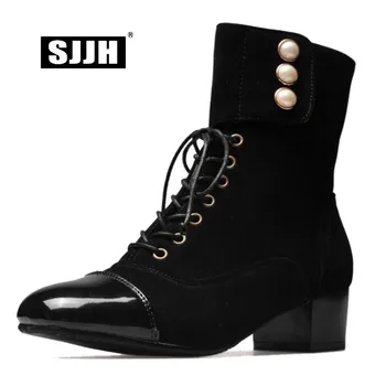 

SJJH Women Patchwork Lace-up Martin Boots with Square Toe Chunky Heel Beading Mid-Calf Boot Fashion Casual Shoes Large Size Q482
