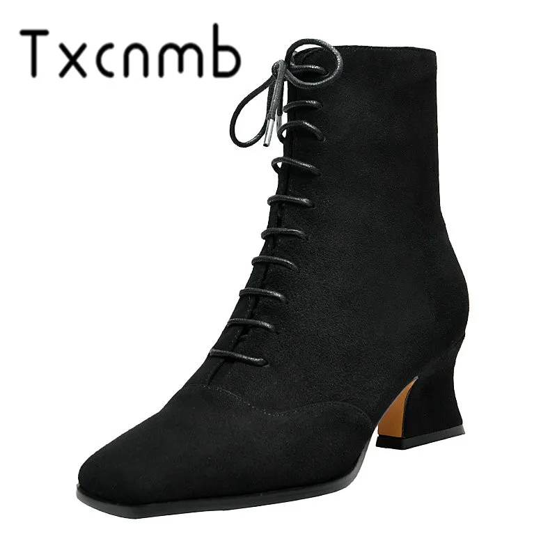 

TXCNMB 2019 New Arrival Boots Women Ankle Boots Autumn Winter Warm Genuine Leather Square Heels Shoes Woman Round Toe Shoes