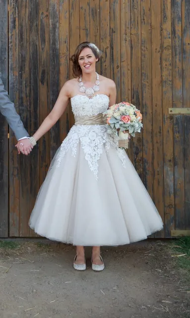 Strapless Two Tone Tulle Tea Length Wedding Dress Ruched Waistline Strapless Two Tone Tulle Tea Length Wedding Dress Ruched Waistline Lique Grace Loves Lace Y