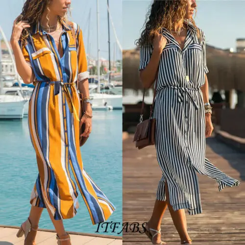 

Women Summer Stripe Boho Party Evening Beach Dresses Long Maxi Dress Sundress