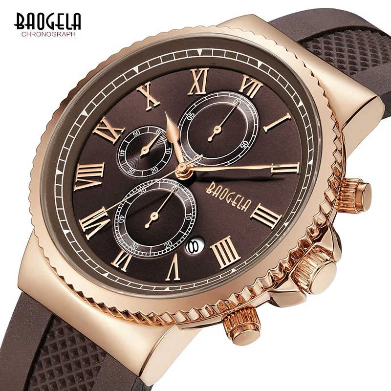 

BAOGELA Coffee Silicone Sports Army Quartz Wrist Watches Men's Roman Numerals Chronograph Stopwatch Clock Man Relogios 1708G-2