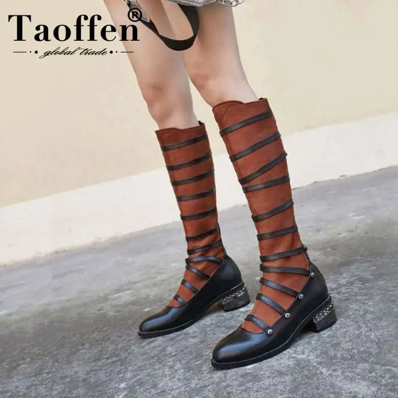 

TAOFFEN Plus Size 32-48 High Boots Round Toe Knee High Boots Zipper Med Heel Casual Boots Solid Plus Size Flock Botas Feminina