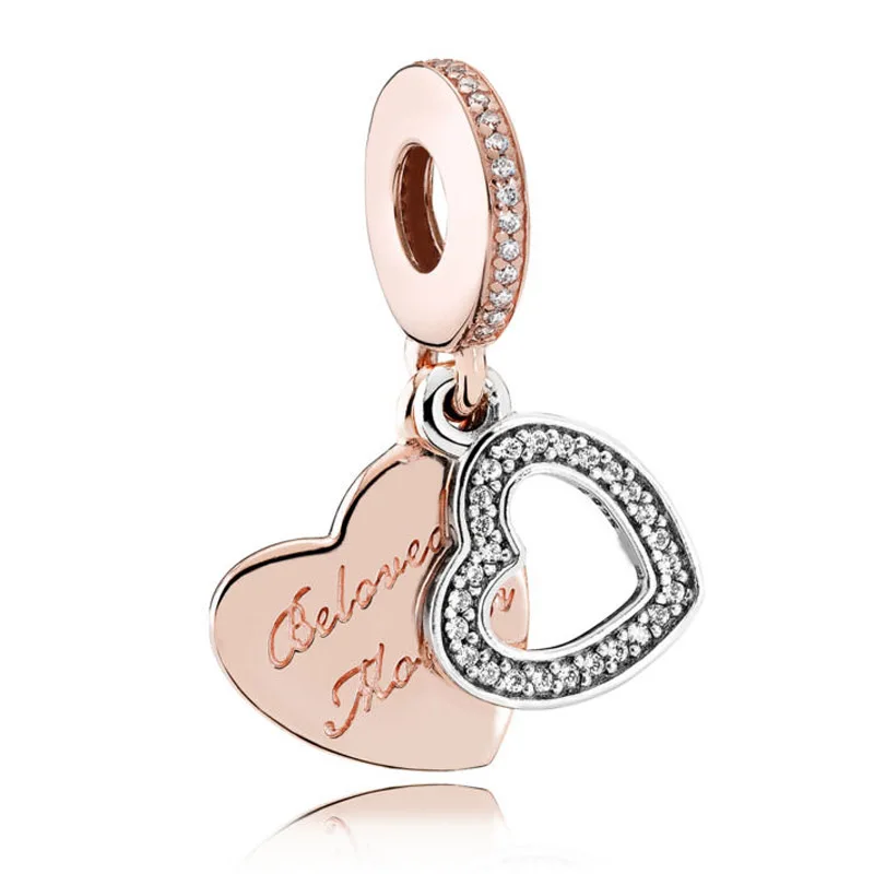 

New 925 Sterling Silver Bead Charm Rose Gold Crystal Love Heart Beloved Mother Pendant Bead Fit Pandora Bracelet DIY Jewelry