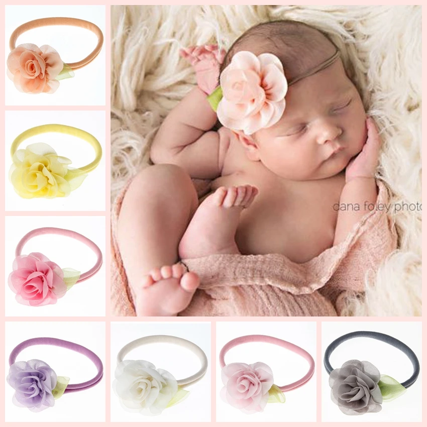 

New Fashion Baby Girls Spandex Nylon Headband Children Skinny Stretchy Leaves Rose Chiffon Flower Elastic Hair Band Headwear