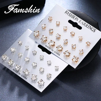 

FAMSHIN 9 Pairs/set Mix Design Square Crystal Stud Earrings Piercing Gold Silver Color Fashion Earrings For Women Bijoux Jewelry