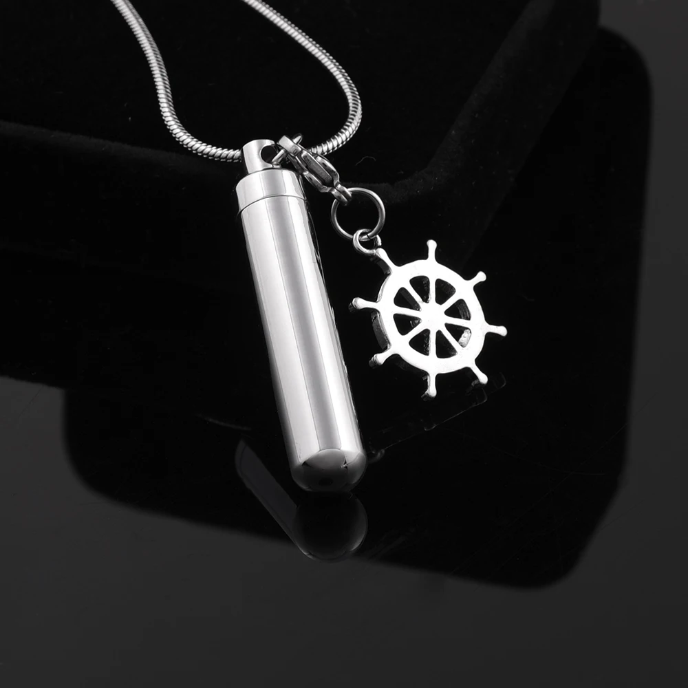 

IJD9858 Shiny Polished 316L Stainless Steel Cylinder Urn Pendant Necklace With compass Charm Keepsake Ashes Memorial Engravable