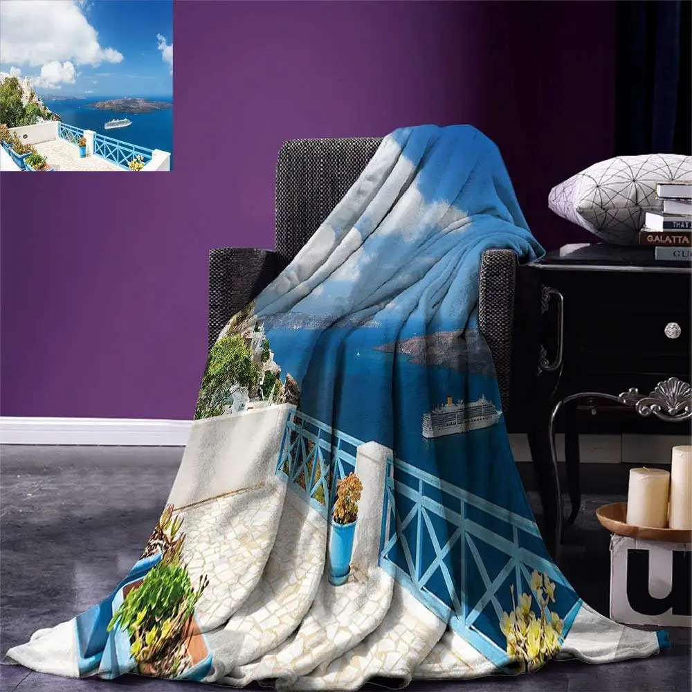 

Landscape Throw Blanket Beautiful Terrace with Sea View White Architecture on Santorini Island Greece Soft Warm Blanket