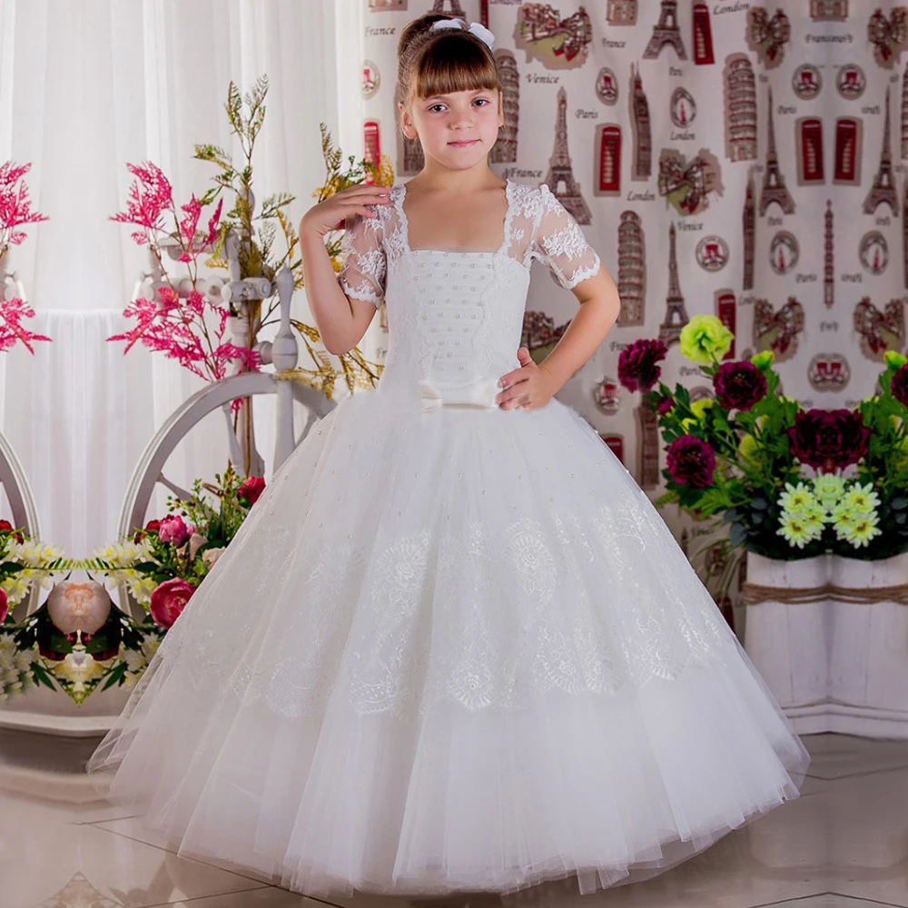 

2017 New Hot Flower Girl Dresses Lace Up Half Sleeves Bow Ball Gown Formal Pageant Communion Gowns Vestidos Longo Custom Made