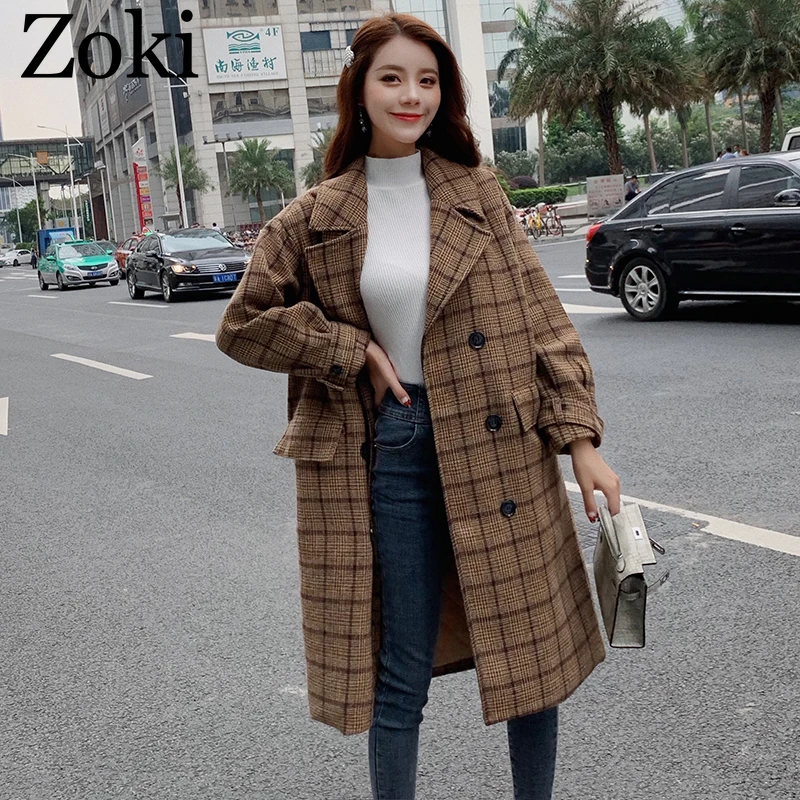 

Zoki Loose Plaid Women Long Wool Blend Coat Fashion Winter Warm Jacket Elegant Double Breasted Autumn Fleece Outwear Plus Size