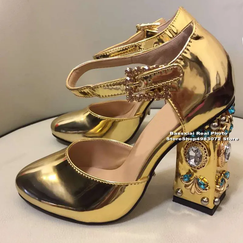 Туфли на высоком каблуке с украшением в виде бриллиантов; женские туфли Mary Jane из кожи с круглым носком; цвет золотой, серебряный; модная женская свадебная обувь