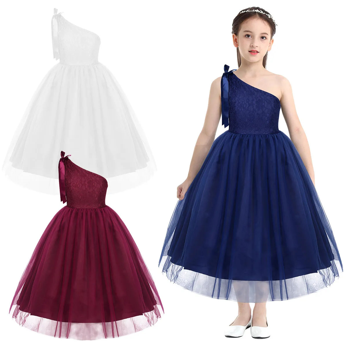 Iiniim/вечерние платья для детей-подростков; платье принцессы на одно плечо с вышивкой и кружевным бантом; Летние праздничные платья для выпускного бала