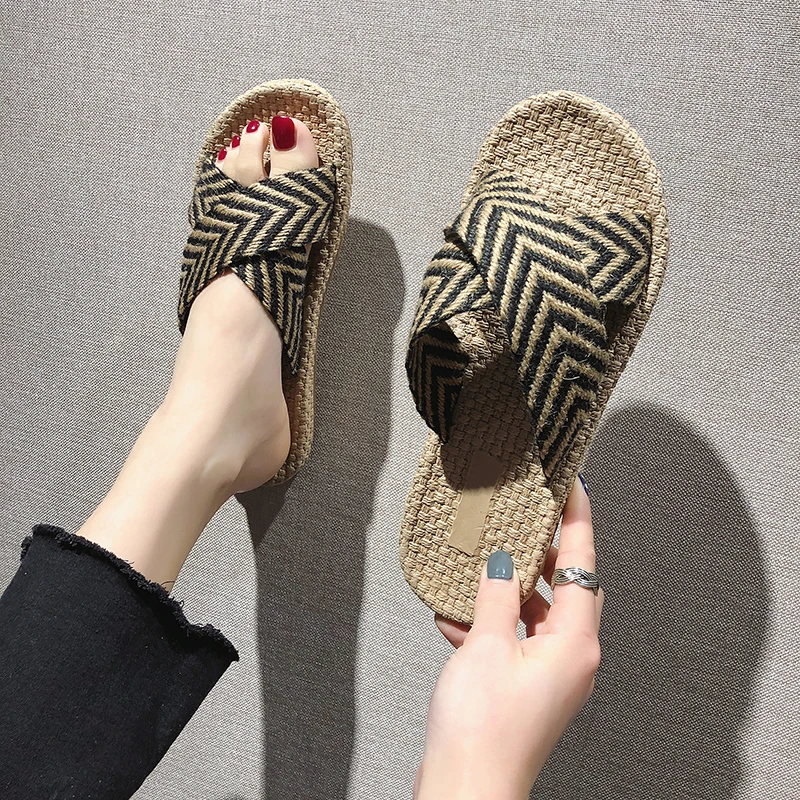 

RASS PLE Weave Cross Summer Slippers Women Beach Slippers shoes Boho Sea Flip Flops Sandals Casual Non-Slip On Slide Shoes