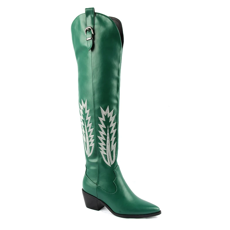 Классические ковбойские сапоги в ковбойском стиле для женщин; ковбойские сапоги до колена с вышивкой и острым носком; обувь на квадратном каблуке; женские зимние классические сапоги - Цвет: Green