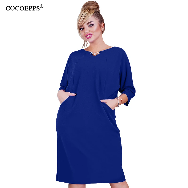 

COCOEPPS New Autumn Big Size Women Dress 2019 Solid Plus Size O-neck Sundress Large Size Female Clothing Elegant Vestidos 6XL