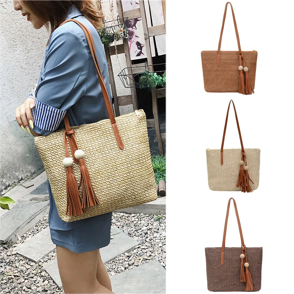 

Women Shoulder Bags Straw Simple Versatile Bucket Bag Large-capacity Solid ColorTassel Handbag Sac A Main Clutch Female 2019