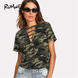 ROMWE ремень чокер шеи камуфляжная футболка новый дизайн короткий рукав Повседневная Женская летняя футболка с круглым вырезом и вырезами