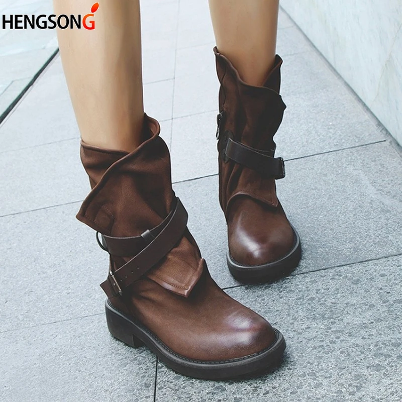 

Vintage Military Motor Boots Women Buckle Strap Boots Leather Autumn Winter Shoes Sapatos Mulheres Conforto Mid Calf Women Boots