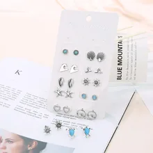 Sauvoo 12 пар/компл. в богемном стиле, в виде морской звезды волны черепаший панцирь серьги-гвоздики Комплект сережек для женщин Винтаж сердце круглые серьги ювелирные изделия, ювелирные изделия