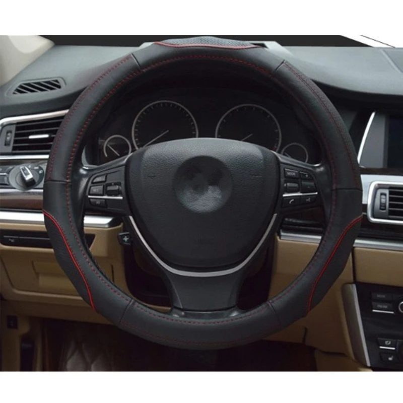 38cm Black Leather Hand stitched Car Steering Wheel Cover for Hyundai