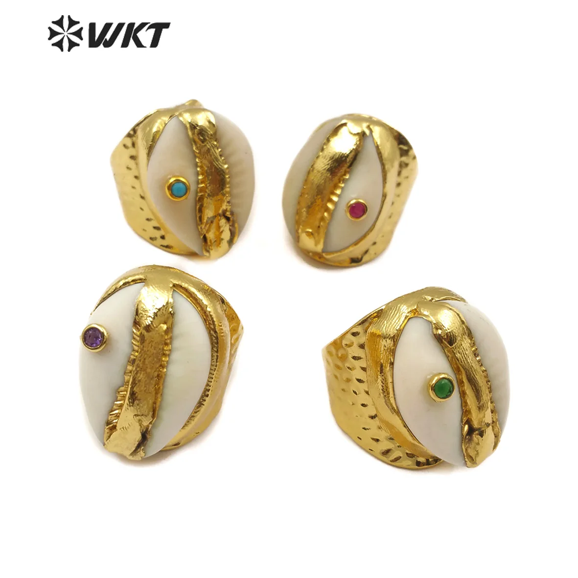 WT-R335 WKT Natural cowrie shell with CZ Gold Ring Shell Ring Random Shape Shell Ring Women Fashion Jewelry Ring