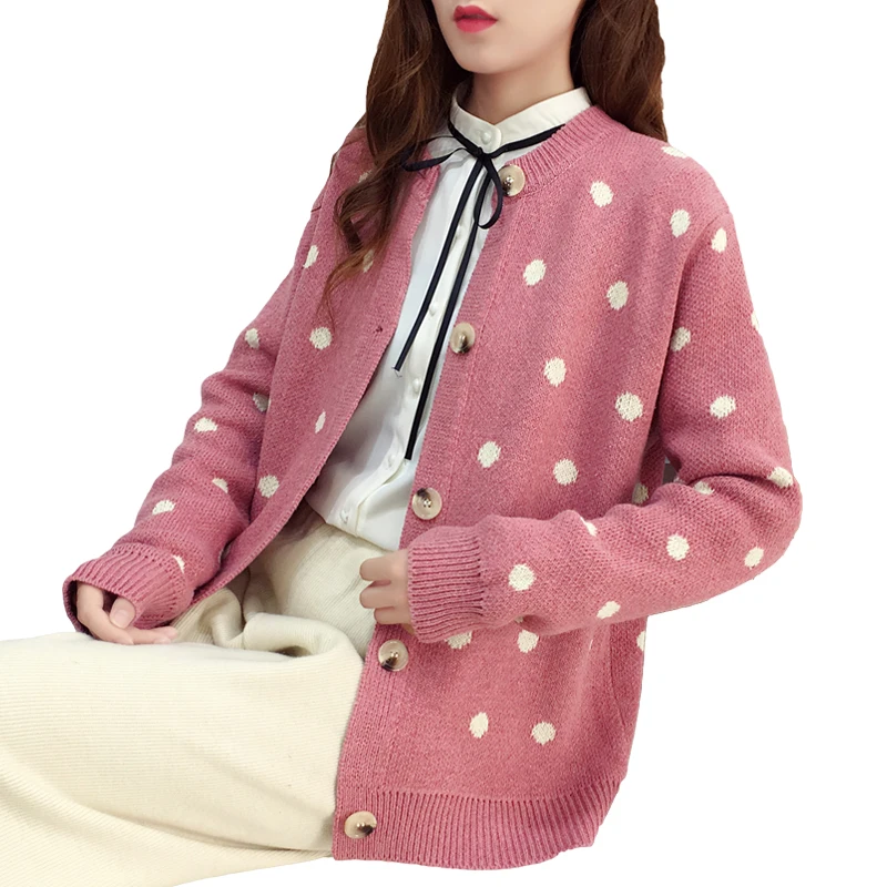 

2019 Autumn Cardigan Casual Sweater Women Polka Dot Cardigan Mujer Simple Female Red Sweaters Fashionable Knitted 5 Colors