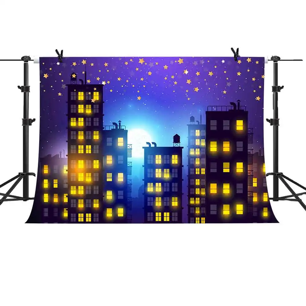 

MTMETY Superhero City Night View Background Fantasy Golden Star Child Birthday Party Photography Background
