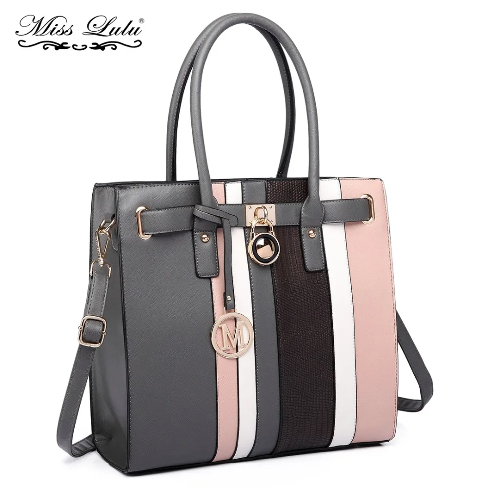 

Miss Lulu Women Handbags Shoulder Bags Stripes Top-handle Bags Ladies Large Totes Grey Leather Crossbody Bags Padlock LT6620