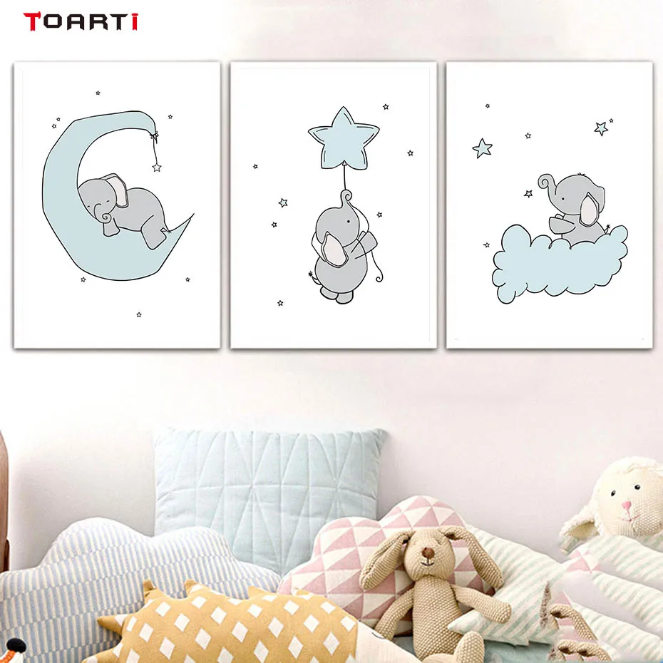 

Cartoon good night moon elephants canvas art poster nursery art prints wall painting kids room wall decor modular murals picture