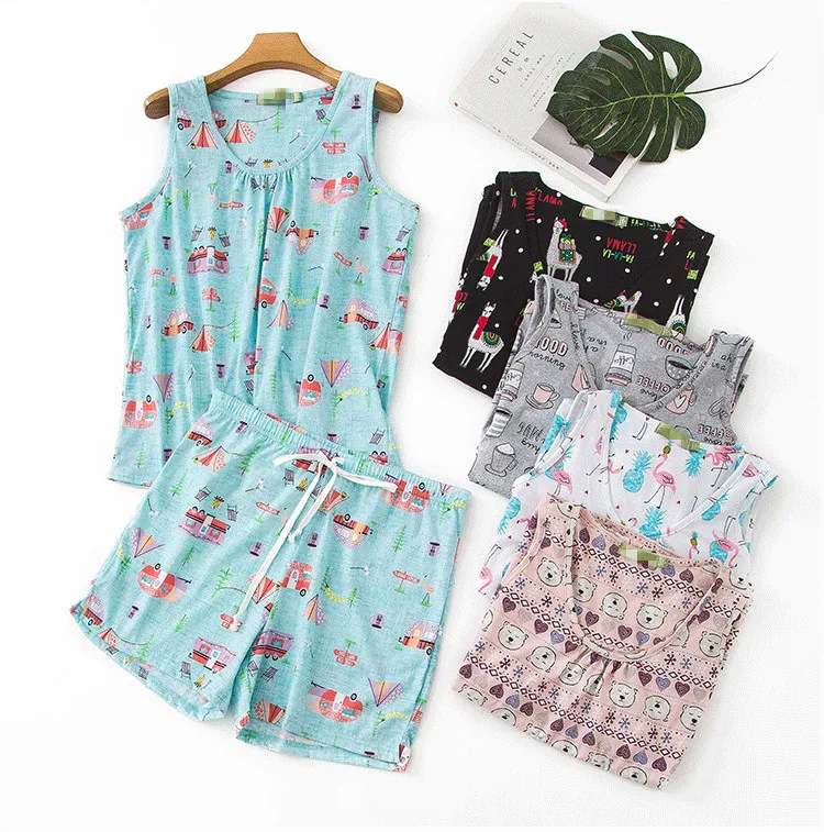 

Plus size summer women fashion loose cartoon print cotton sleepwear pajama set female trendy color thin sweet design lounge wear