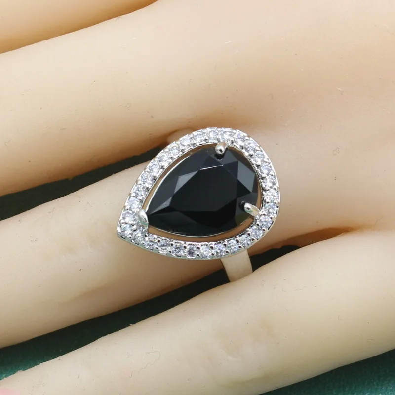 

Women's Engagement Ring 925 Sillver with Black Semi-precious Stone Water Drop Wedding Silver Ring for Women Free Jewelry Box