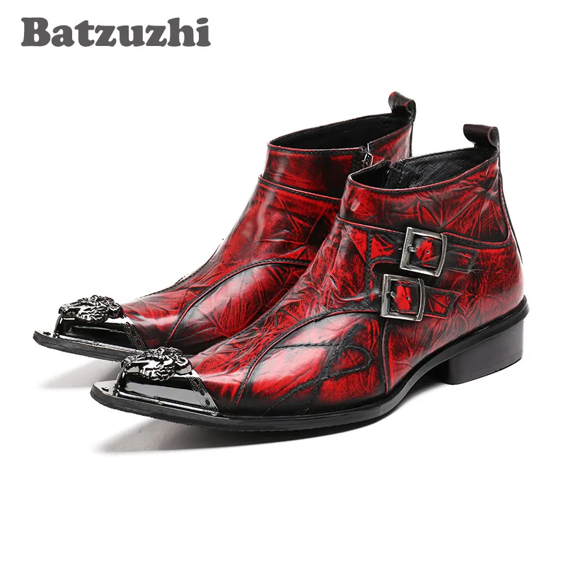 

Batzuzhi Italian Style POP Men Boots Personalized Leather Ankle Boots Men Genuine Leather Footwear Wine Red Pointed Toe, EU38-46