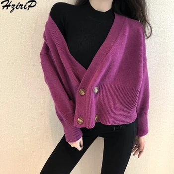 

HziriP Korean Knitted Sweater Women 2019 Autumn Spring Soild Fashion Double Breasted Long Sleeve Loose Cardigans Female Casual