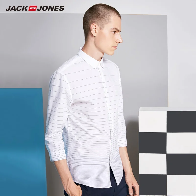 JackJones для мужчин из хлопка и льна тканые Полосатый Острый Воротник 3/4 рукава рубашка E | 218131506