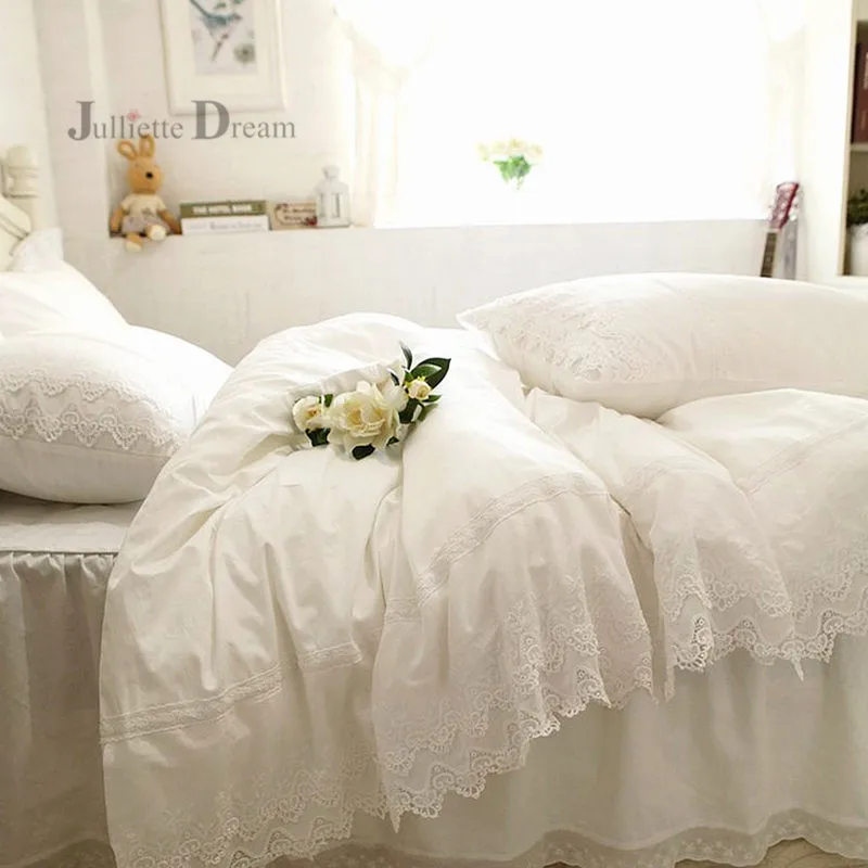 

White Luxury lace bedding set Embroidery layers ruffle duvet cover bed sheet bedspread bed skirt coverlets Wedding decorative