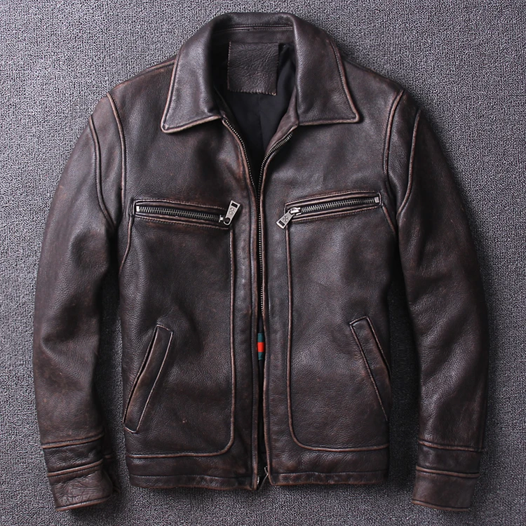 Amekaji Retro Vintage herren Rindsleder Echte lederjacke lokomotive kleidung revers Slim fit kurze klassische herbst wintermantel