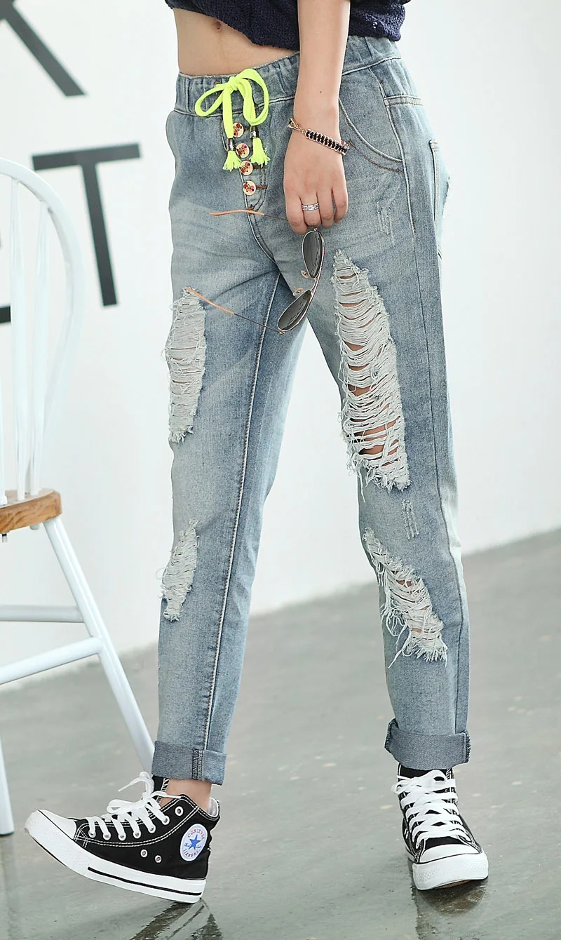 Новые модные рваные капри молния ремень джинсы для женщин ветер свободные порванные джинсы женские