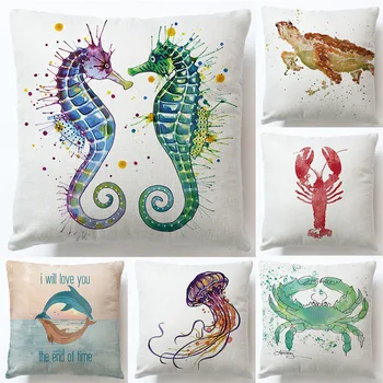 

Home Textile 45*45CM Linen color Printed Seahorse Turtle Fish Square Sofa Car Pillow Case Pillowcase Cushion Cover 2pc/lot
