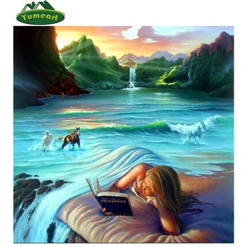 

DIY Diamond Painting 5D Square Complete Drill Painting Sexy Women Reading Diamond Cross Stitch Blue Lake Landscape Wall Stitcker