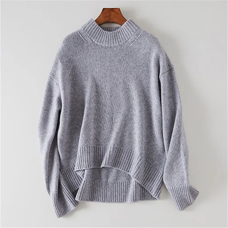  100% goat cashmere thick knit women fashion Oneck pullover sweater coat irregular length solid colo