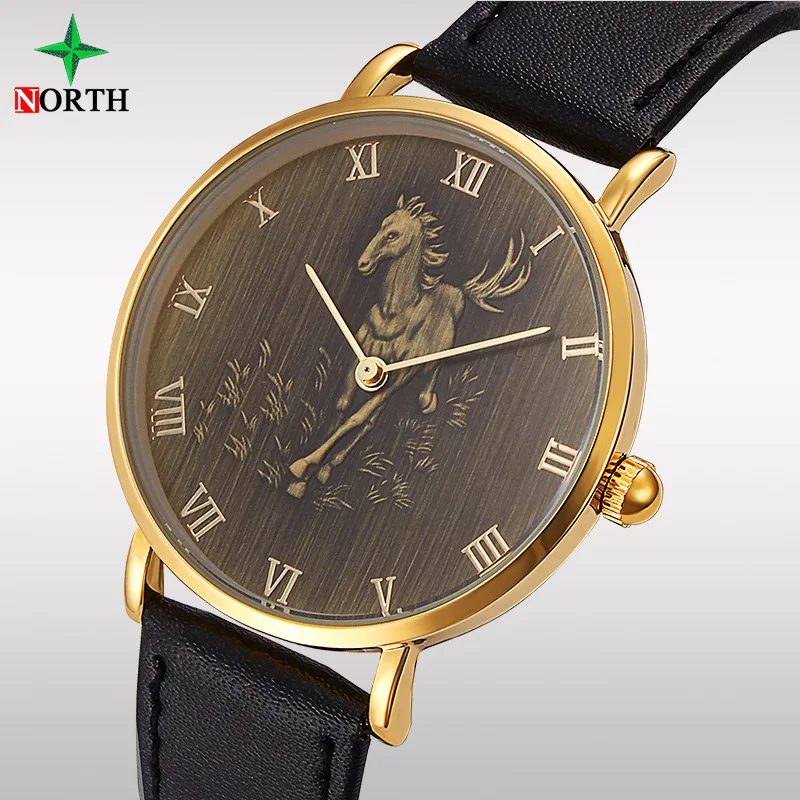 NORTH Men Watch personality Chinese zodiac signs Horse pattern dial Quartz wristwatch Fashion