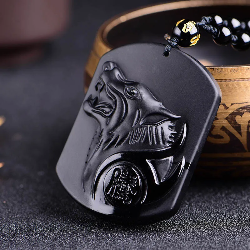 

Drop Shipping Black Obsidian Carving Wolf Head Obdidian Amulet pendant free necklace obsidian Blessing Lucky pendant Men Jewelry