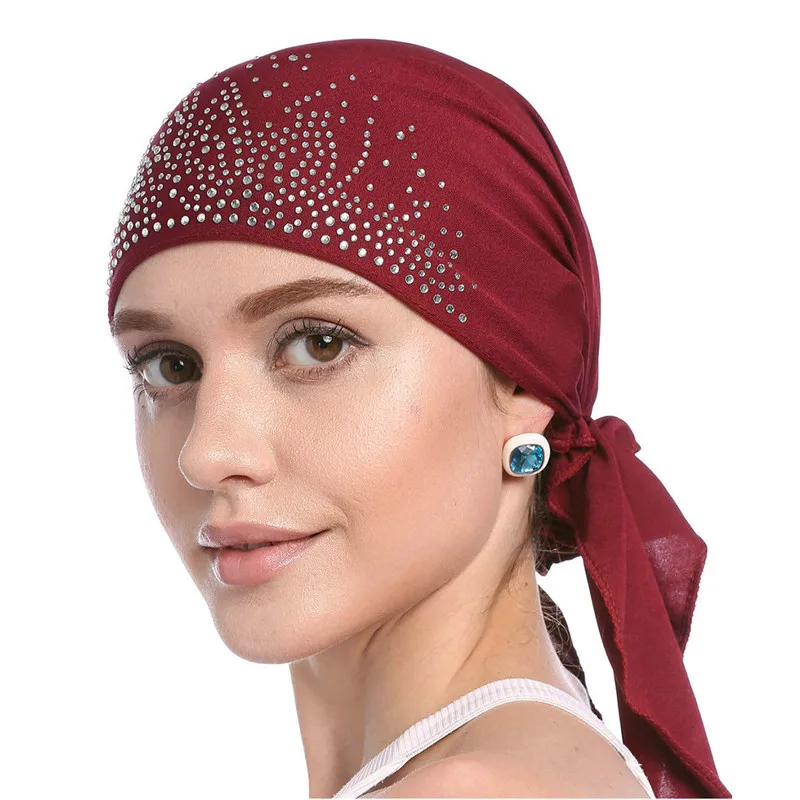 Fashion Women Headscarf Hat Thin Summer Muslim Inner Caps Solid Diamond Turban Bonnet Hijab India Head Wrap Hats For Ladies